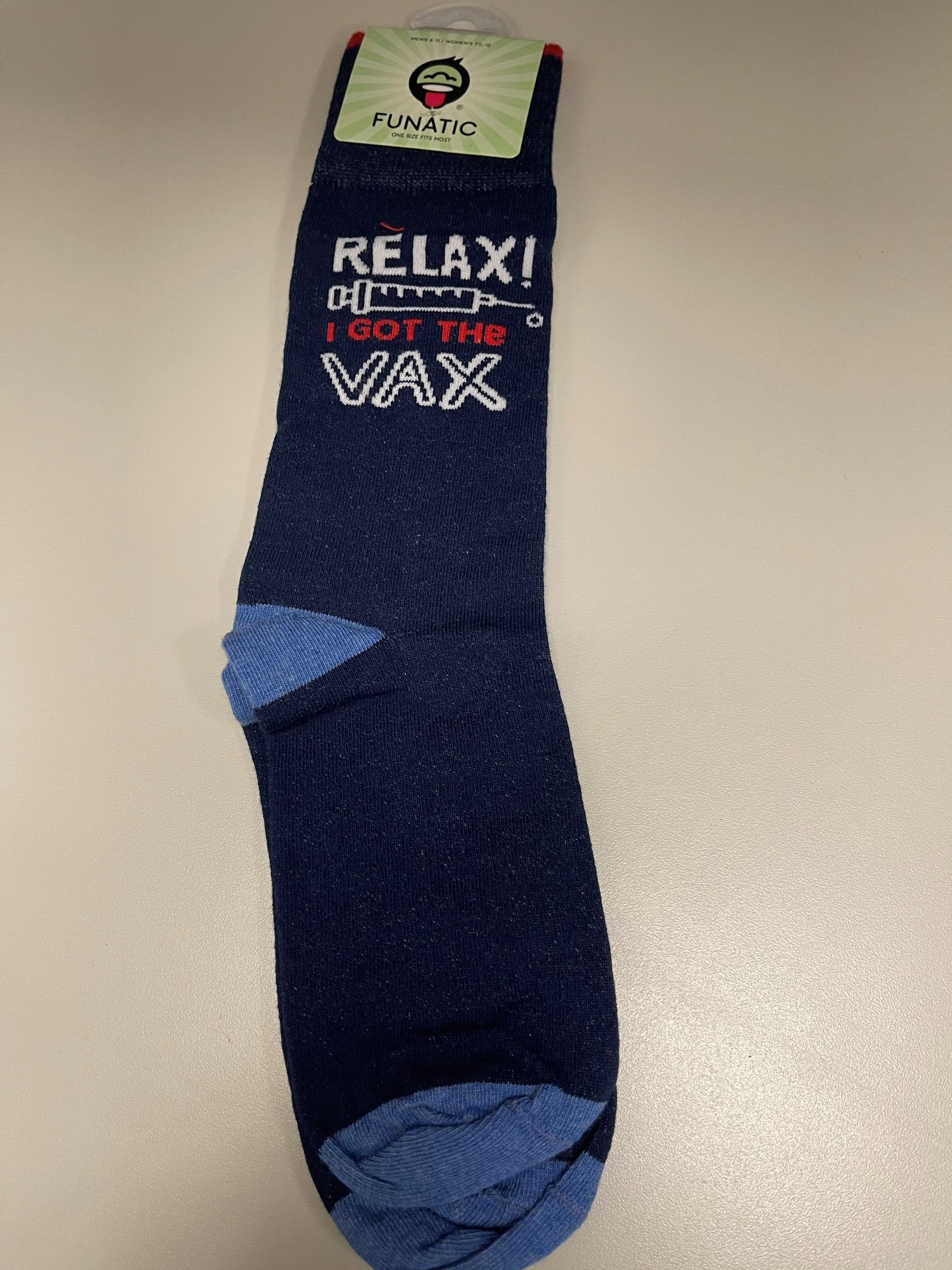 Funatic  Socks - "Relax I Got the Vax" - Navy Blue - One Size Fits All