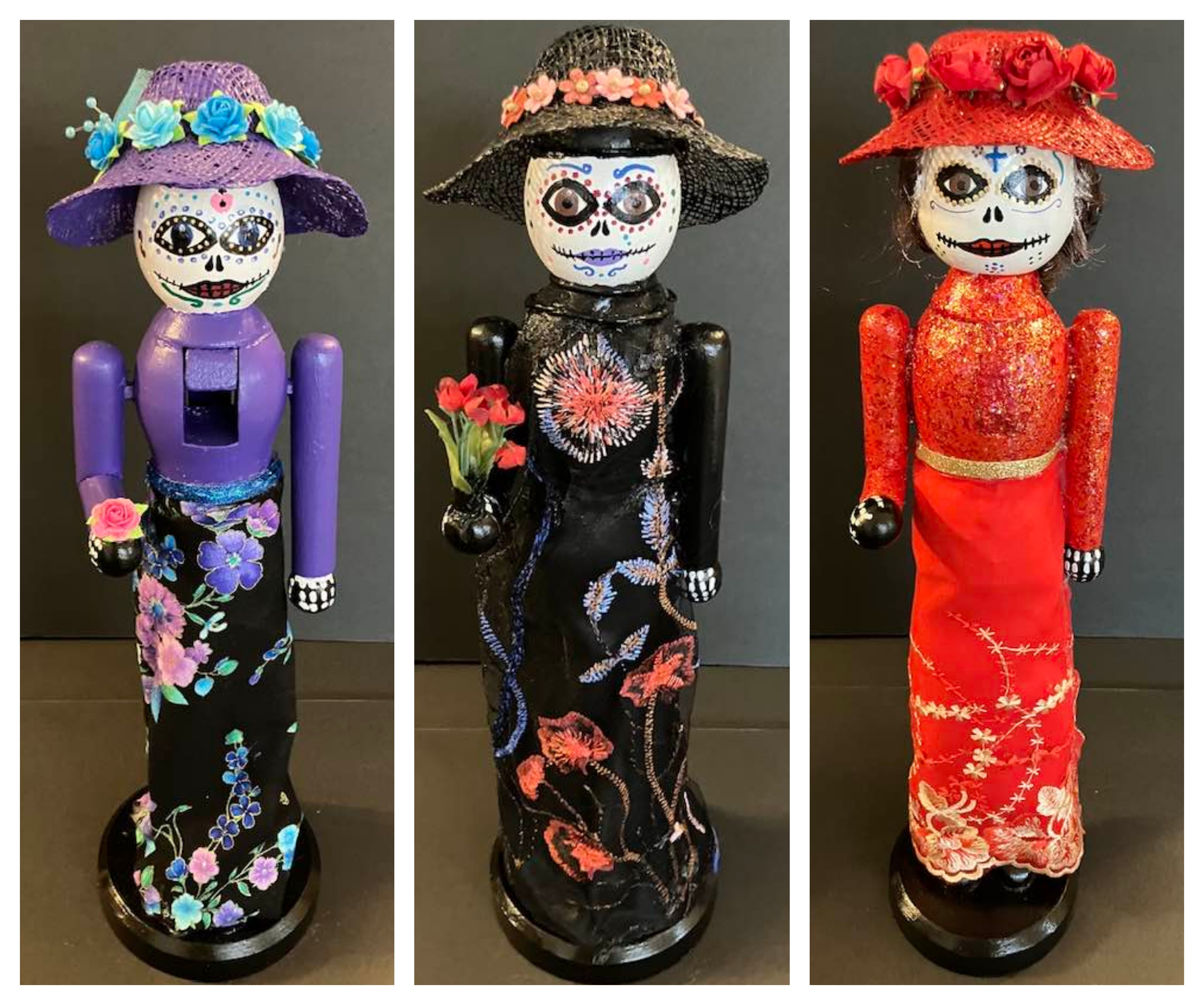 Three Catrina nutcracker figures made by Nancy Harvey