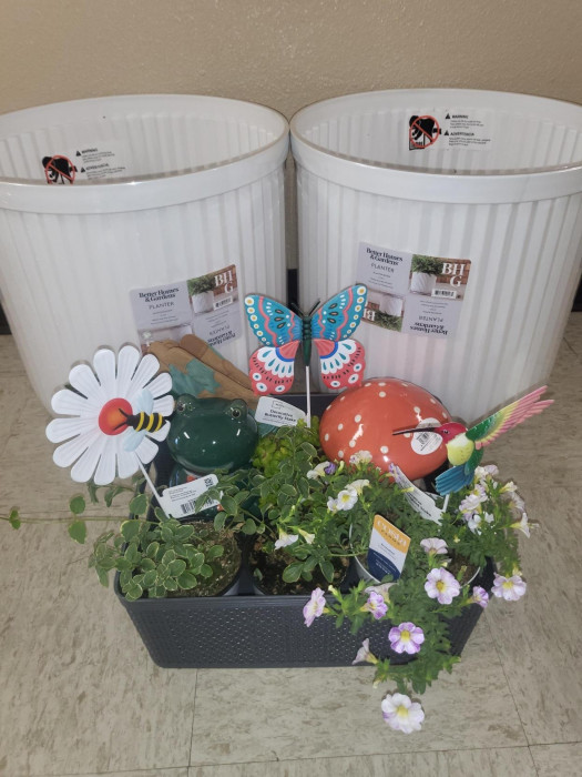 This CUTE CUTE package comes with 2 large planters, 4 small plants, some garden decor, a sprayer and some gloves. This is such a cute package and can be made yours, today!