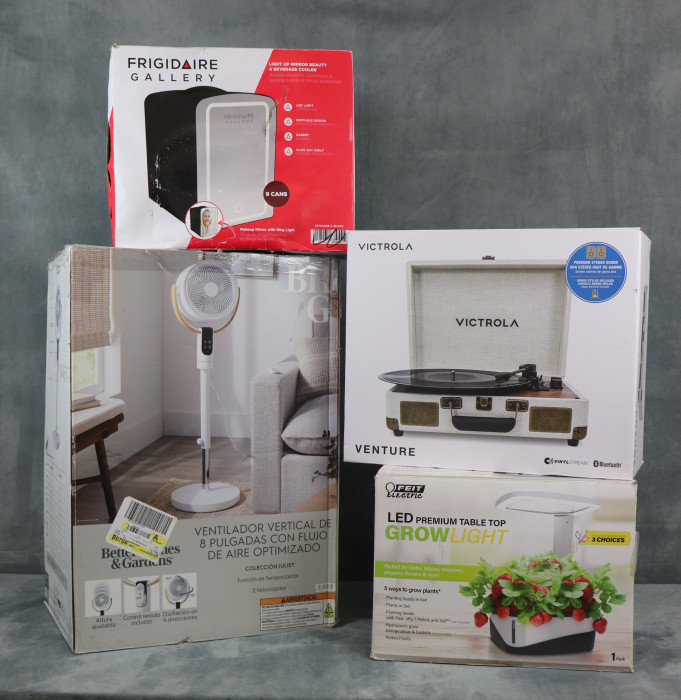 Fan is an 8-inch adjustable pedestal fan uses remote-controlled oscillation to cool your room.
Grow Light is a cool-running, long-lasting LED grow light supports all stages of indoor plant growth.
Record Player is a portable 3-speed suitcase record player features built-in speakers and Bluetooth streaming.
Mini Fridge is lightweight 6.5-liter mini fridge includes a built-in LED mirror for your skincare and drinks.