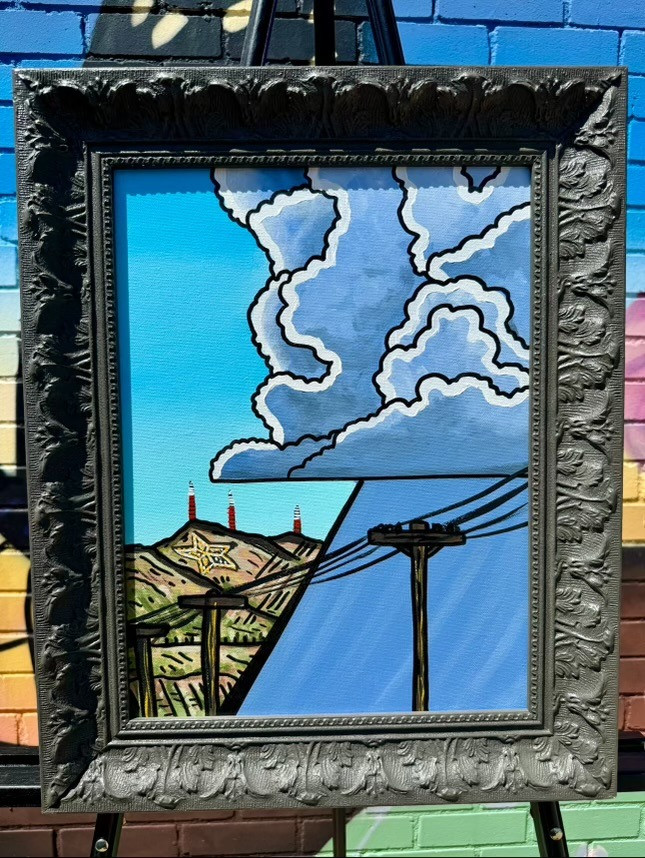 This piece was featured in a 2022 show titled “Somewhere Along the Way”. Each piece is of the star on our mountain from the vantage point of Laurel and Rio Grande in Central El Paso. The series was of 23 pieces all from the same view point at different times of the day and year. Meant to symbolize how sadness and grief remains (like the mountain) in our lives despite the changing seasons. Custom frame by El Paso Frame Co.