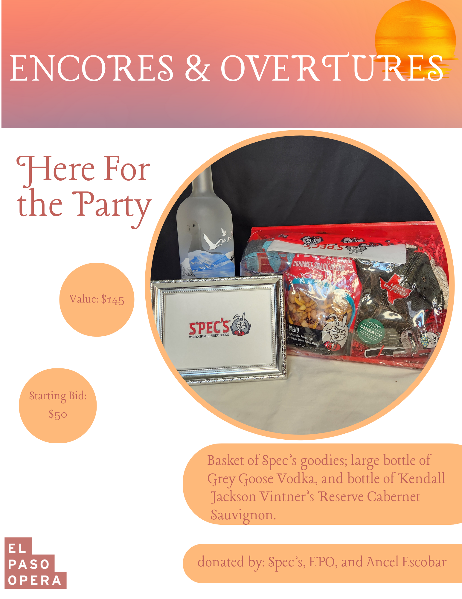Spec's gift basket and large bottle of Grey Goose vodka