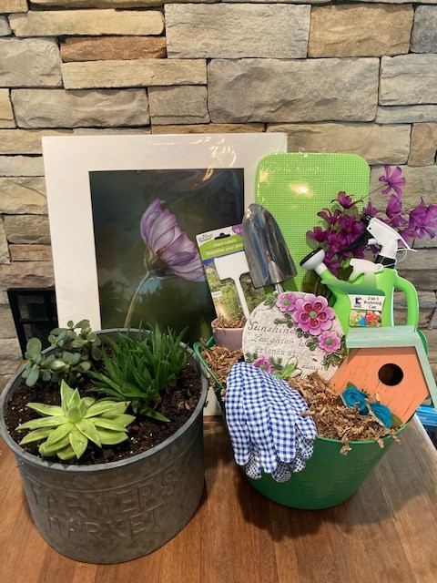 Flower photo, succulents in pot, bird house, gardening gloves, garden shovel, watering can , garden stone,  purple pot, plant labels,  kneeling foam