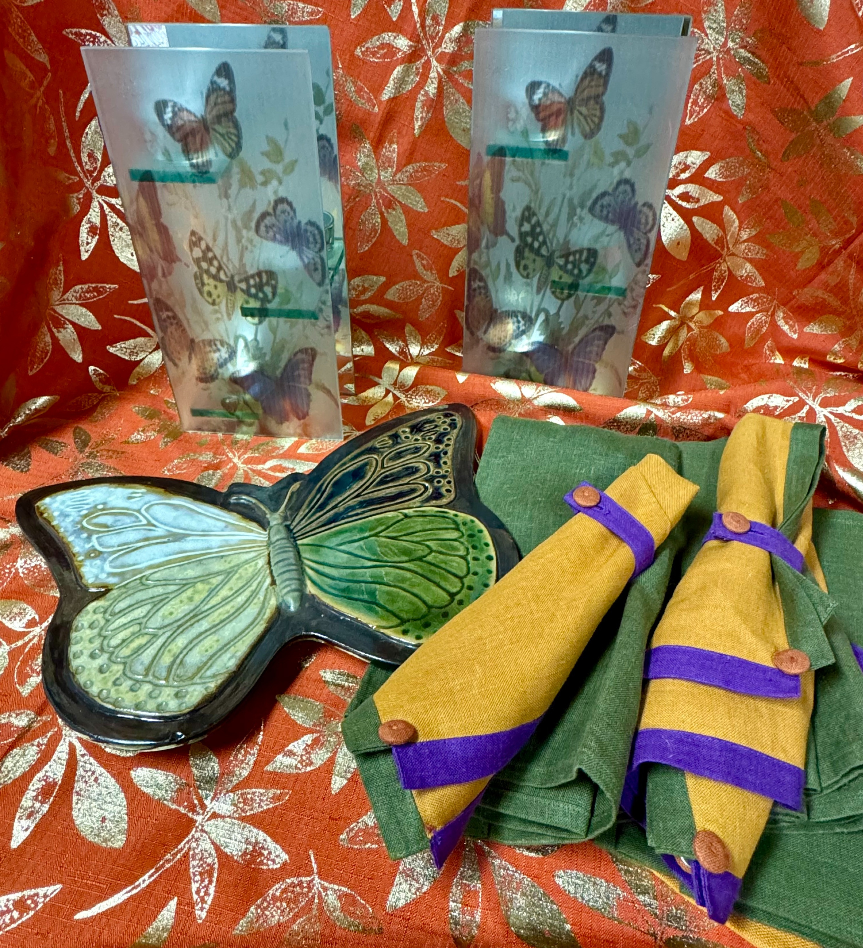 Two Mariposa tea light holders, ceramic butterfly decor and matching six piece napkin set