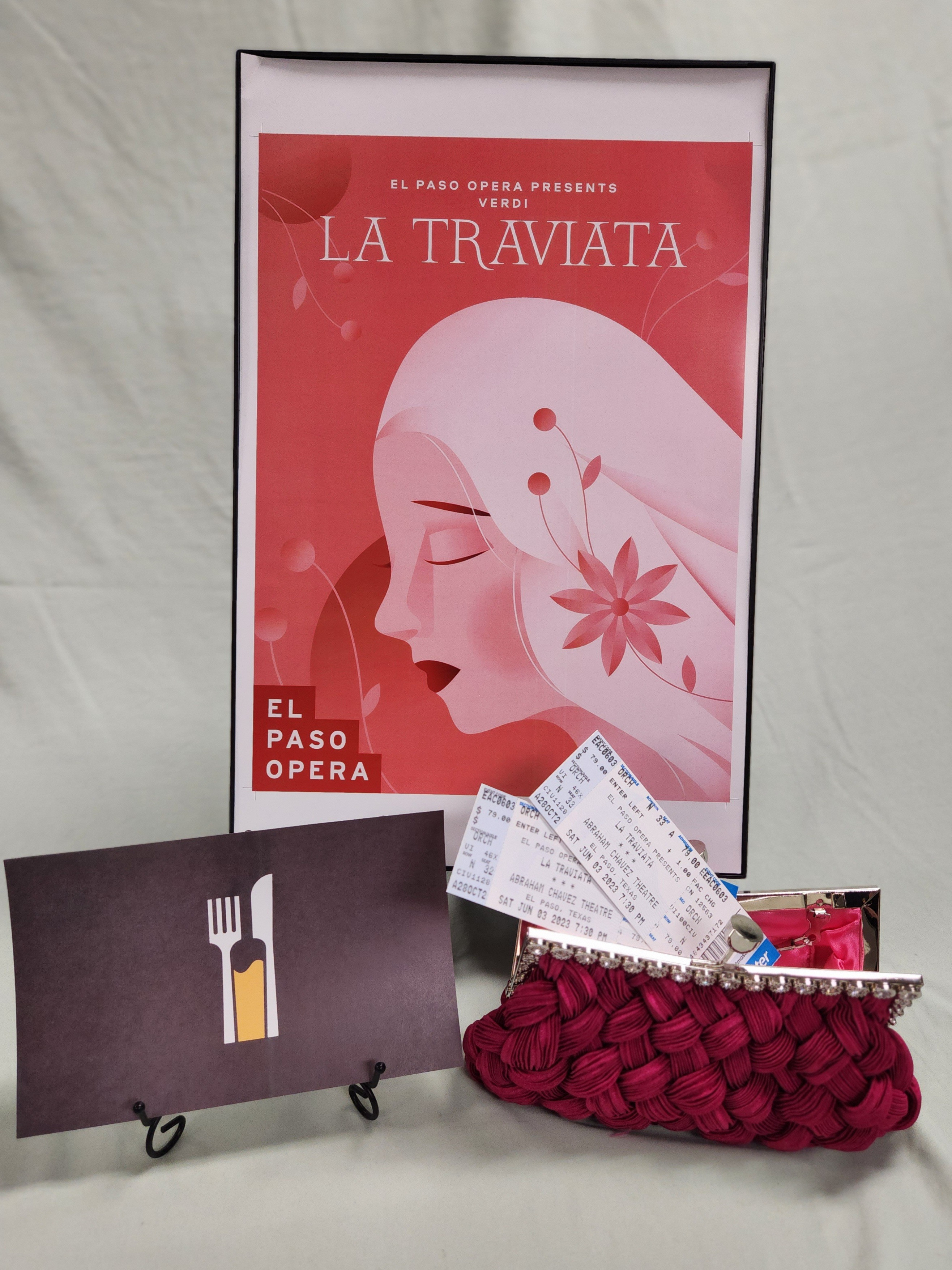 2 Section A tickets to La Traviata;  $100 gift card to Entrecote; Fuscia Clutch