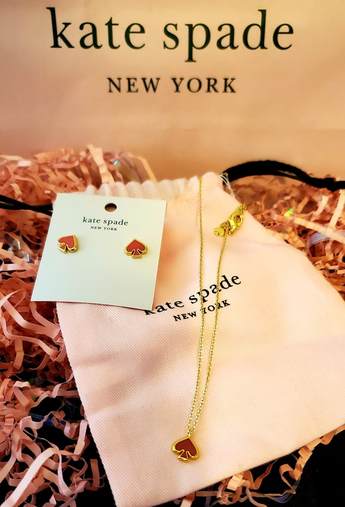 Kate Spade gold and coral earrings and matching necklace with purple Kate Spade thermal mug. 100% authentic