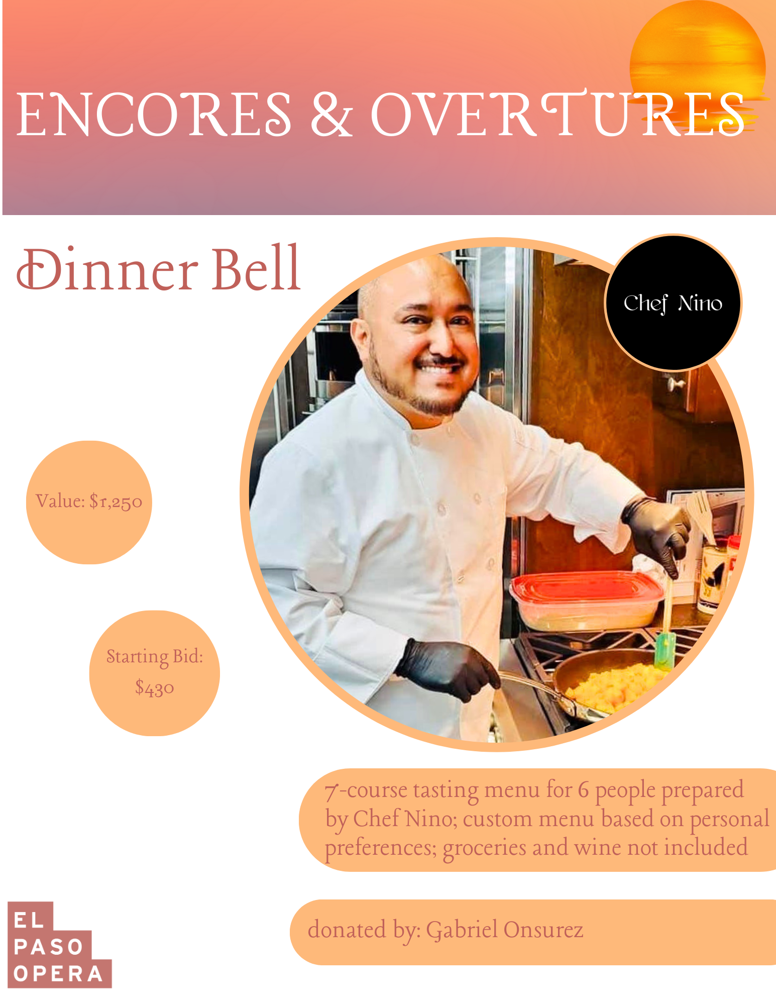 7-course tasting menu for 6 people prepared by Chef Nino; custom menu based on personal preferences; grocers and wine not included