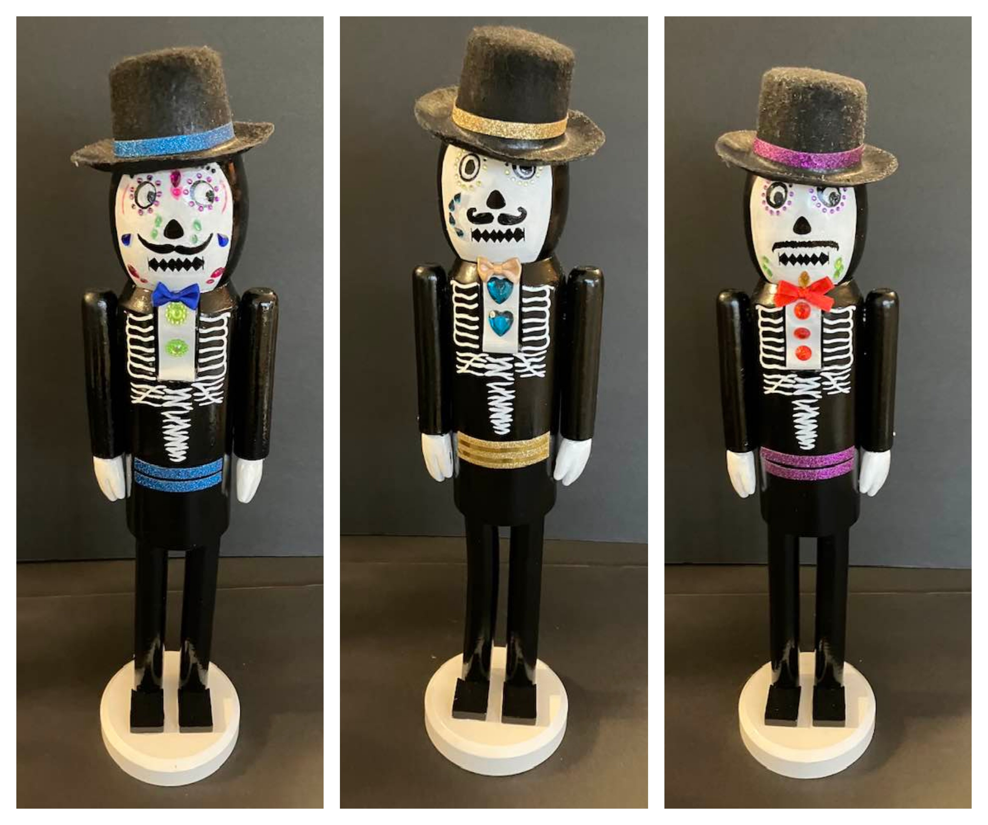 Dia de los Muertos style nutcracker figures made by Nancy Harvey