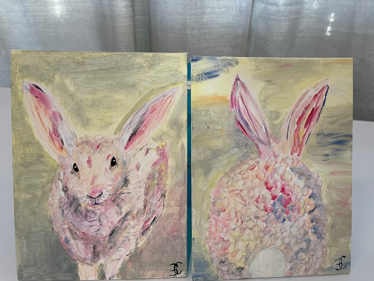 Set of Two Rabbit Paintings on Canvas. Artist: Corinna Beale.  Approx. 8 1/2" x 6" each.