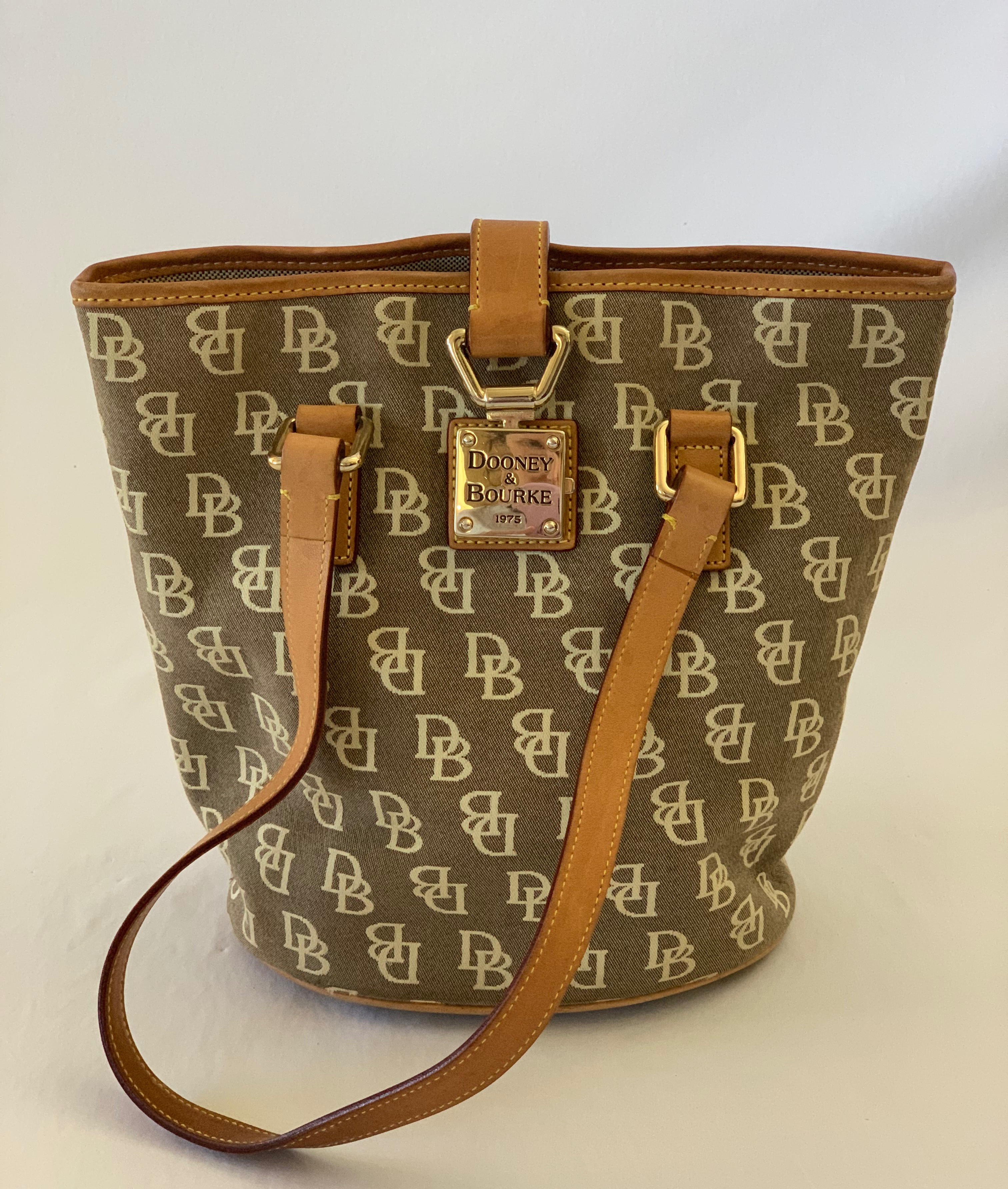 Monogram bucket shoulder bag. Interior has some makeup staining on bottom.