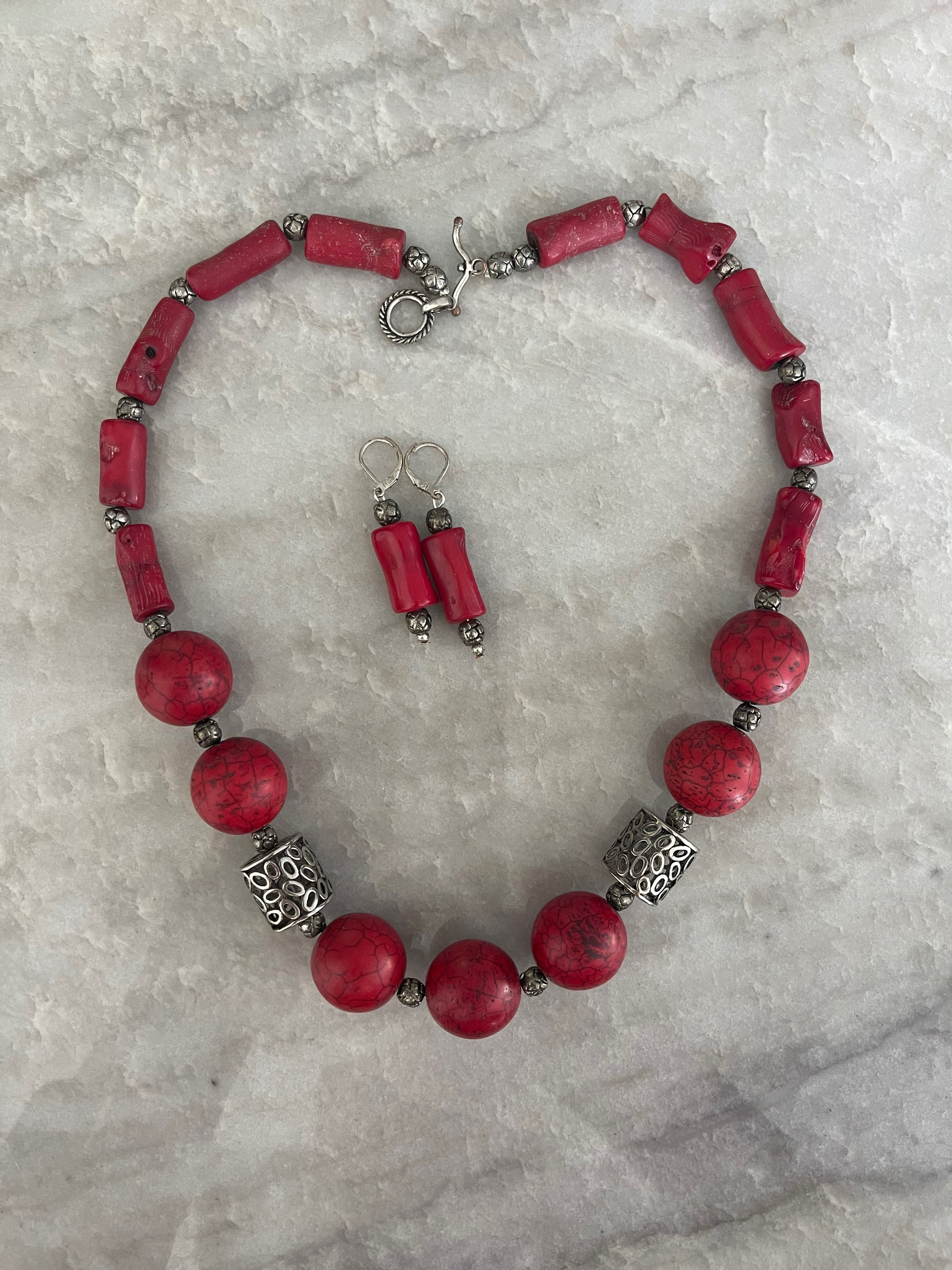 Handmade red coral and silver necklace