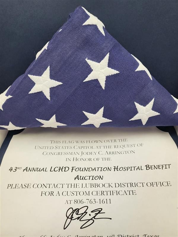 This flag, was flown over the us Capitol in honor of the 43rd Annual Auction