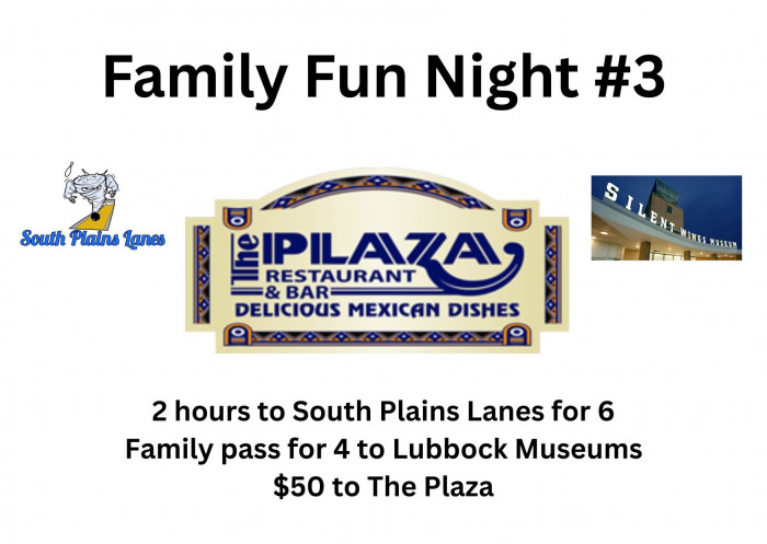 2 hours to South Plains Lanes for 6, Family pass for 4 to Lubbock Museums, $50 to The Plaza.