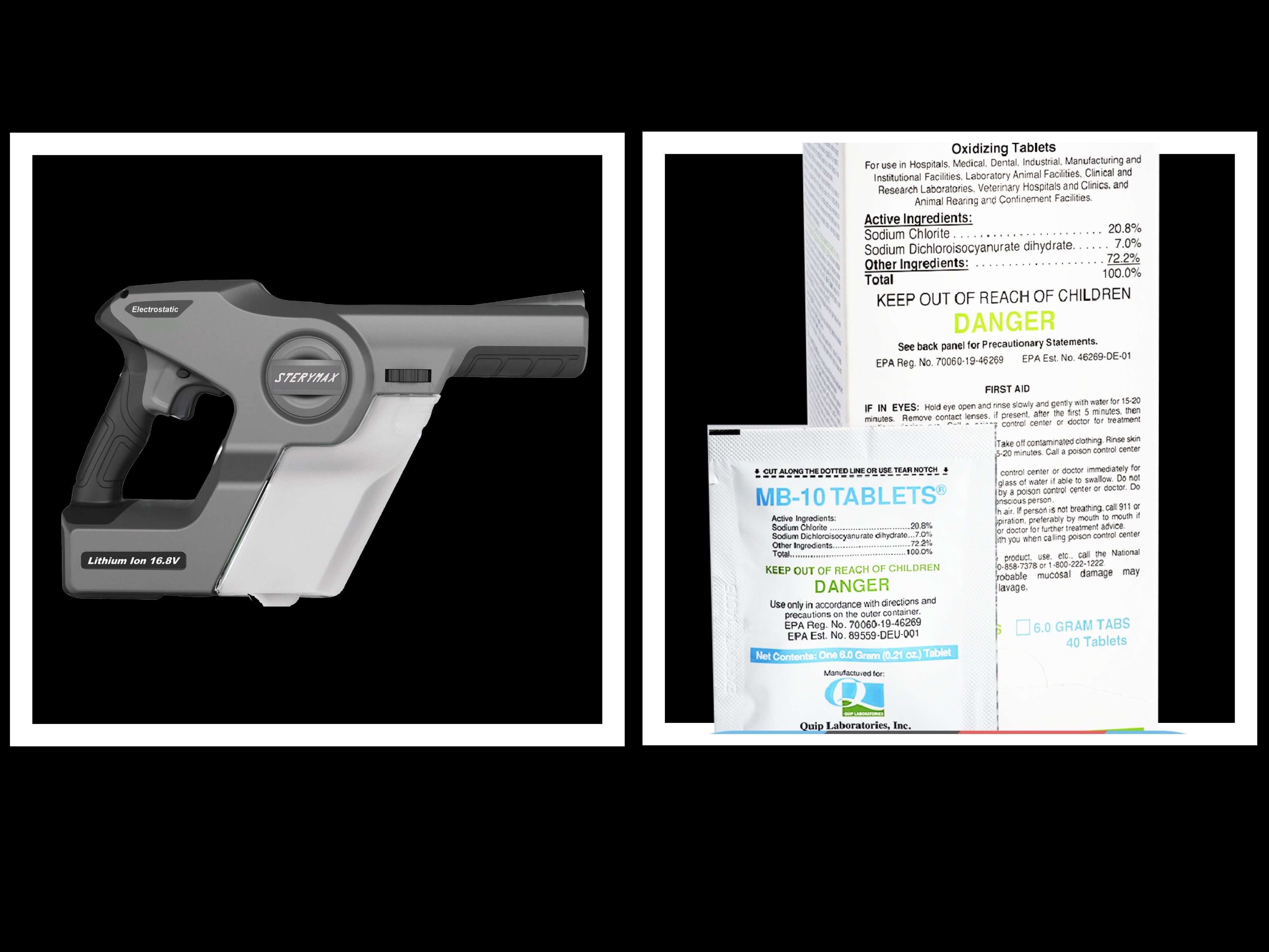 COVID-19 Disinfectioni Kit - Whynter Sterymax Electrostatic Sprayer #2 & Pack of MB-10 Tablets - Additional description: Try a combination of MB-10 Tablets and the Whynter Sterymax Electrostatic Sprayer. Mix MB-10 Tablets and water into a solution, pour into the tank and take the cordless sprayer around your facility, killing dangerous pathogens on any surface you encounter. MB-10 Tablets mean that you can store and transport gallons of powerful, safe disinfectant with ease, and the Sterymax's patent-pending electrosttic charge provides a thin, even spray pattern on all surfaces with no wiping necessary. For a cost-effective, space-saving tool in the fight against COVID-19, look no further than MB010 Tablets and the Whynter Electrosttic Sprayer.