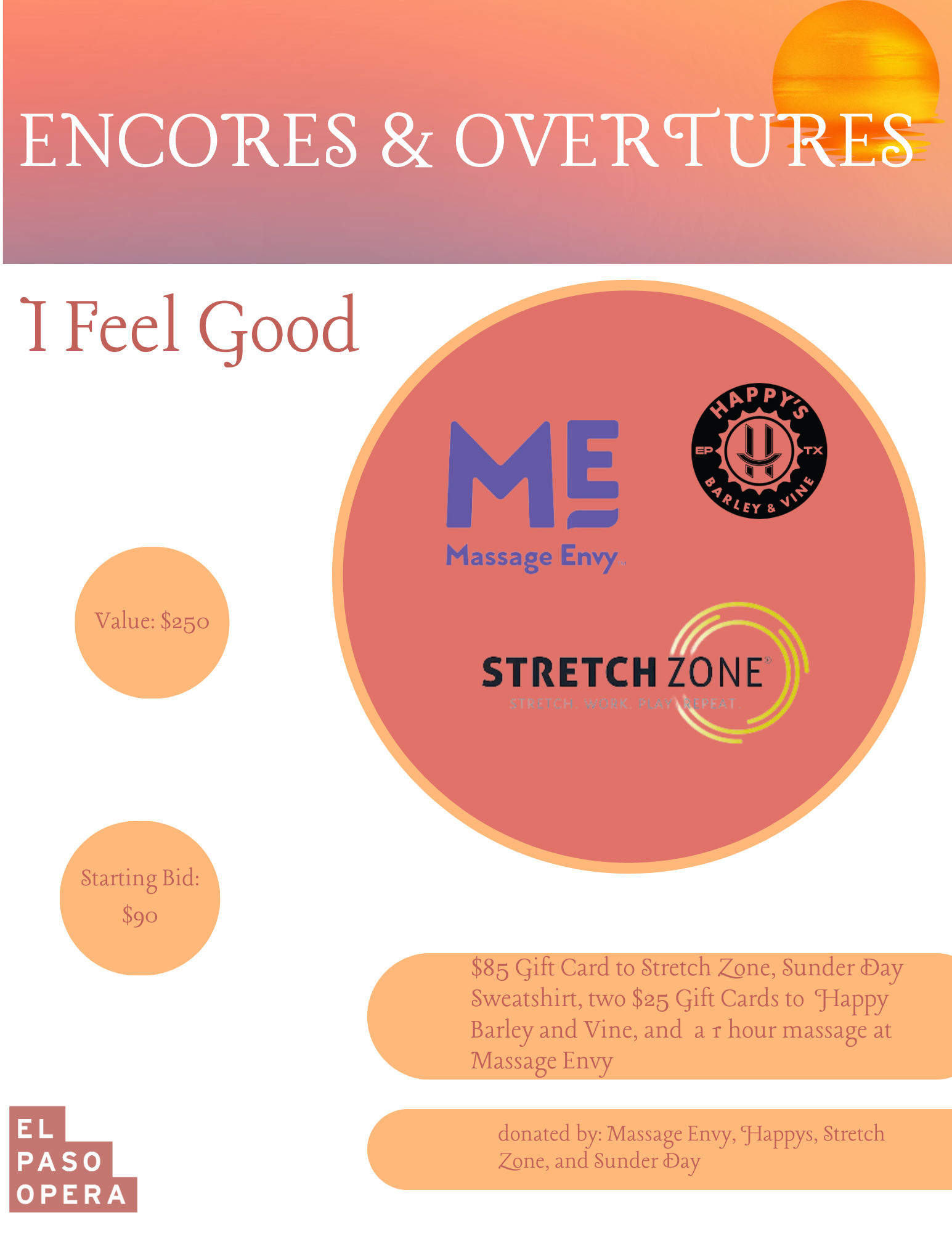 1 hour at Stretch zone, Sunder Day Sweatshirt,  1 hour massage at Massage Envy and 2 gift cards to Happy's Barley & Vine