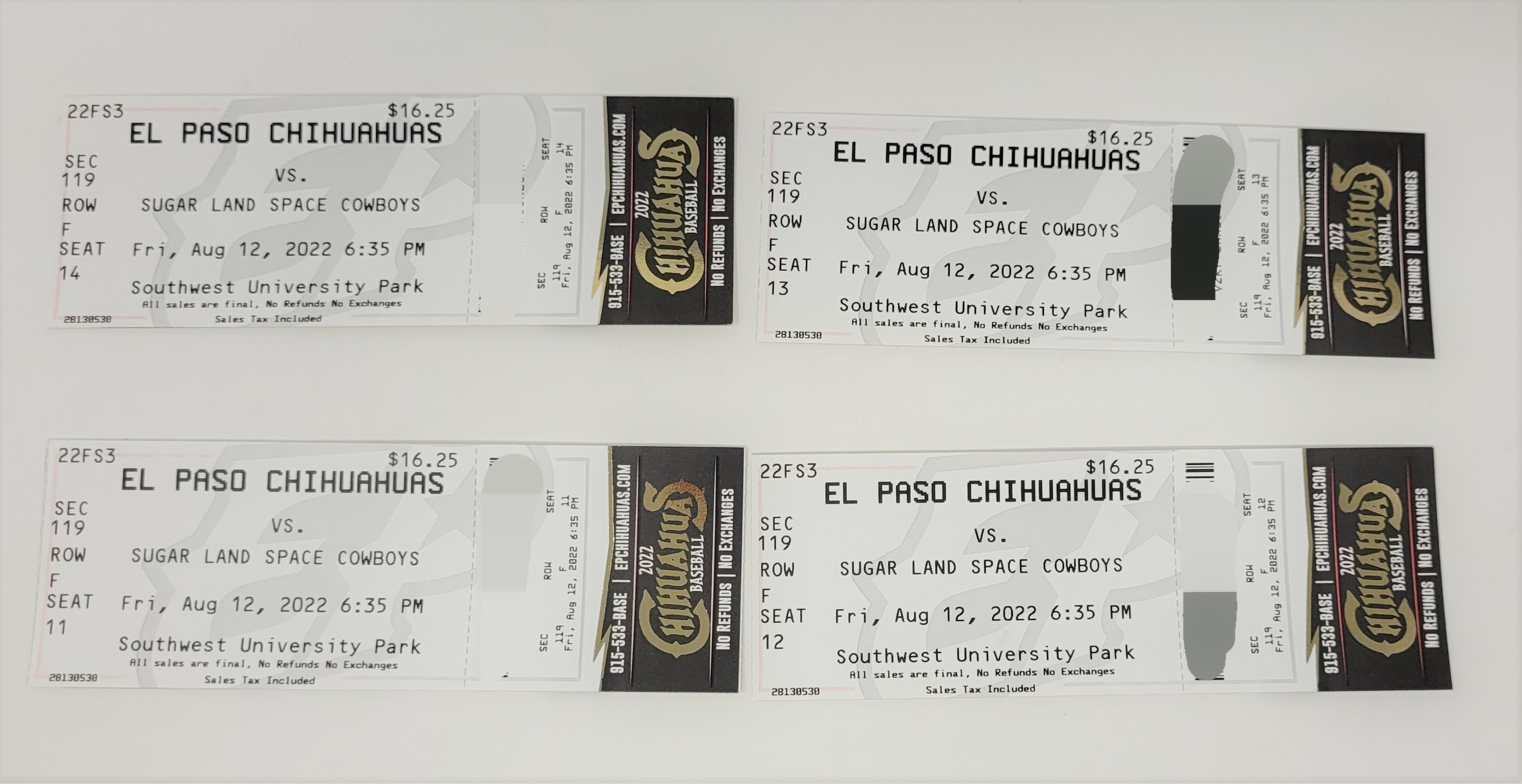 4 Chihuahuas tickets (Sugar Land vs Space Cowboys), Aug 12th, 2022