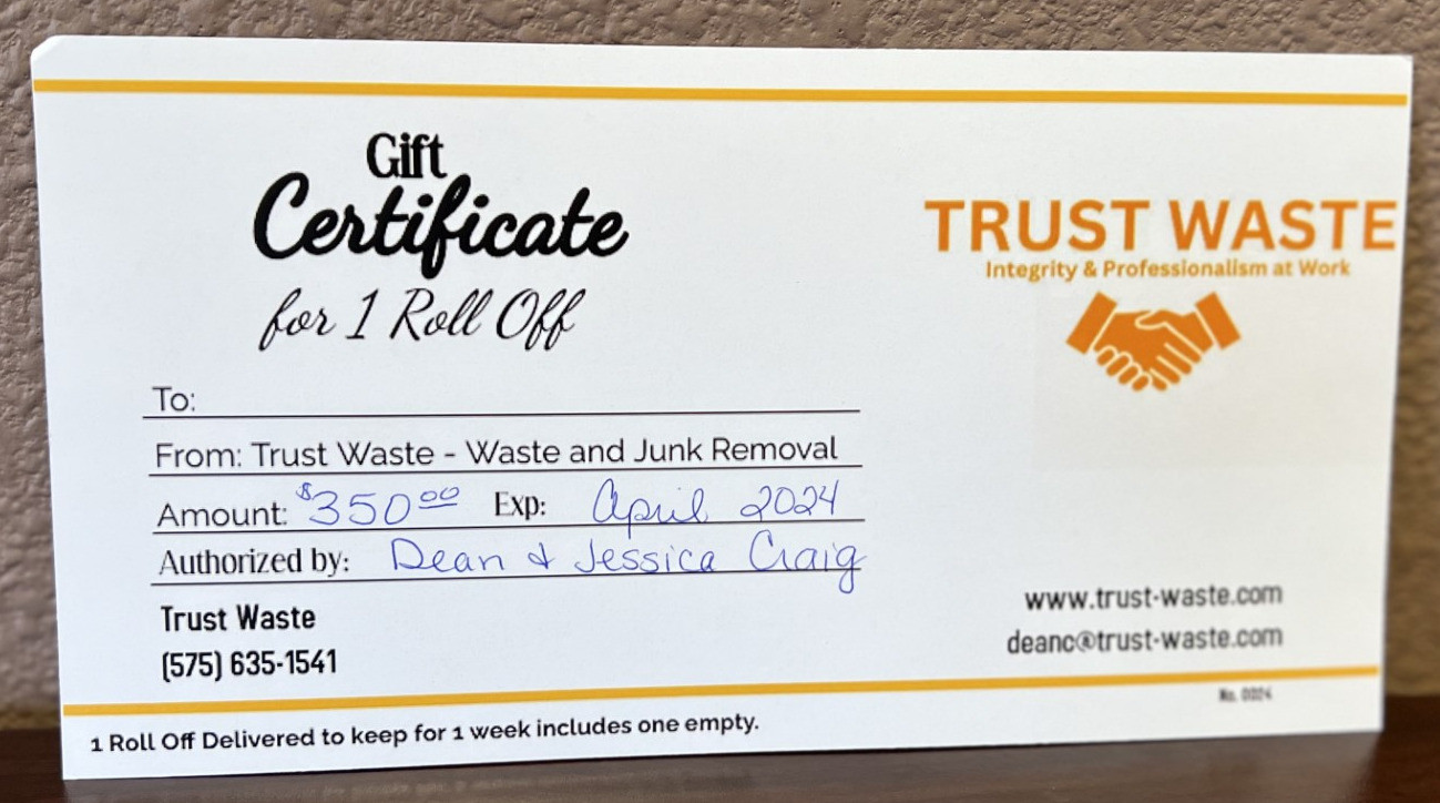 $350 Gift Certificate towards waste and junk removal. To be redeemed by April 2024.