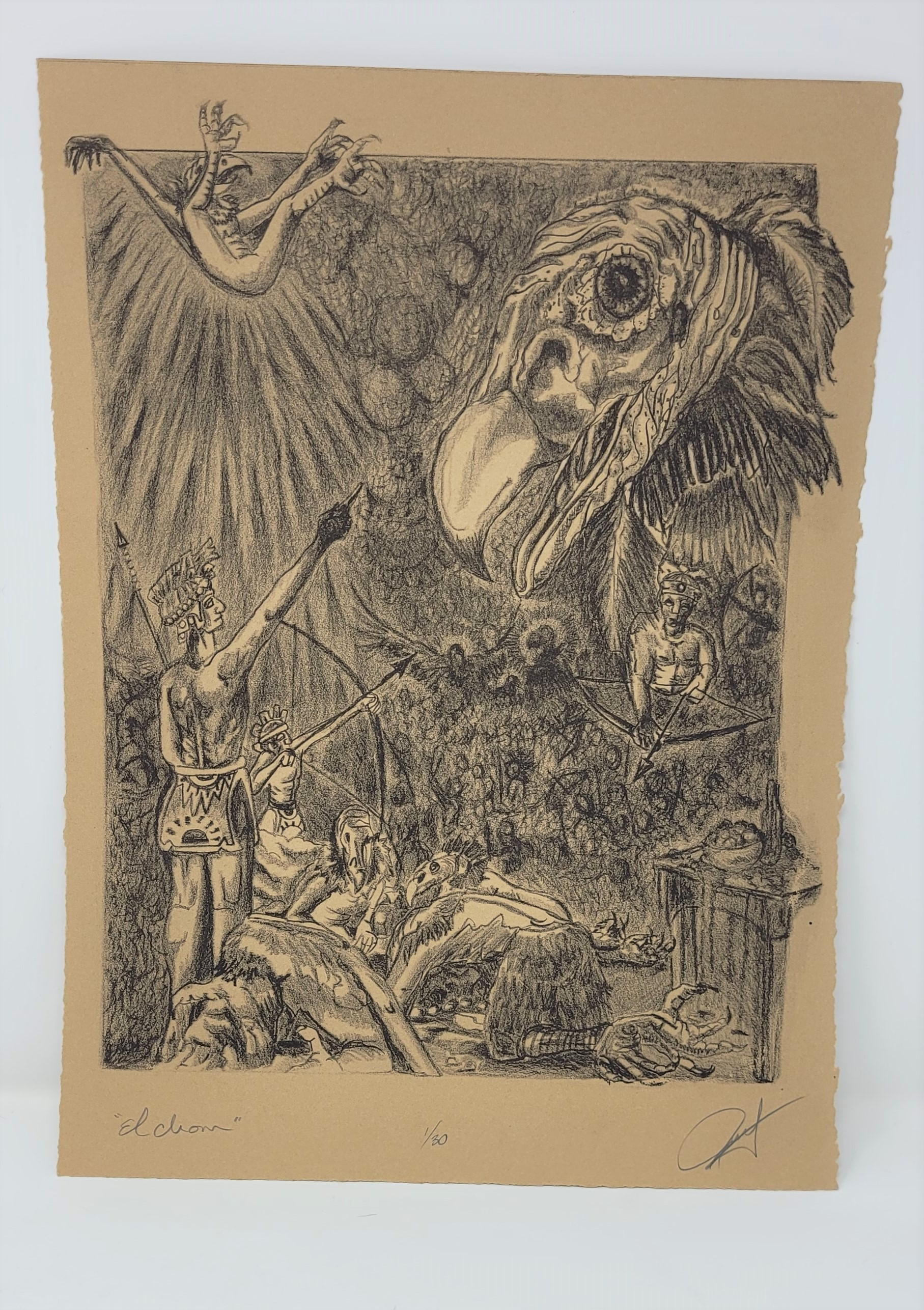 Printmaking piece (1/30), depicting the old tale of how Vultures came to be