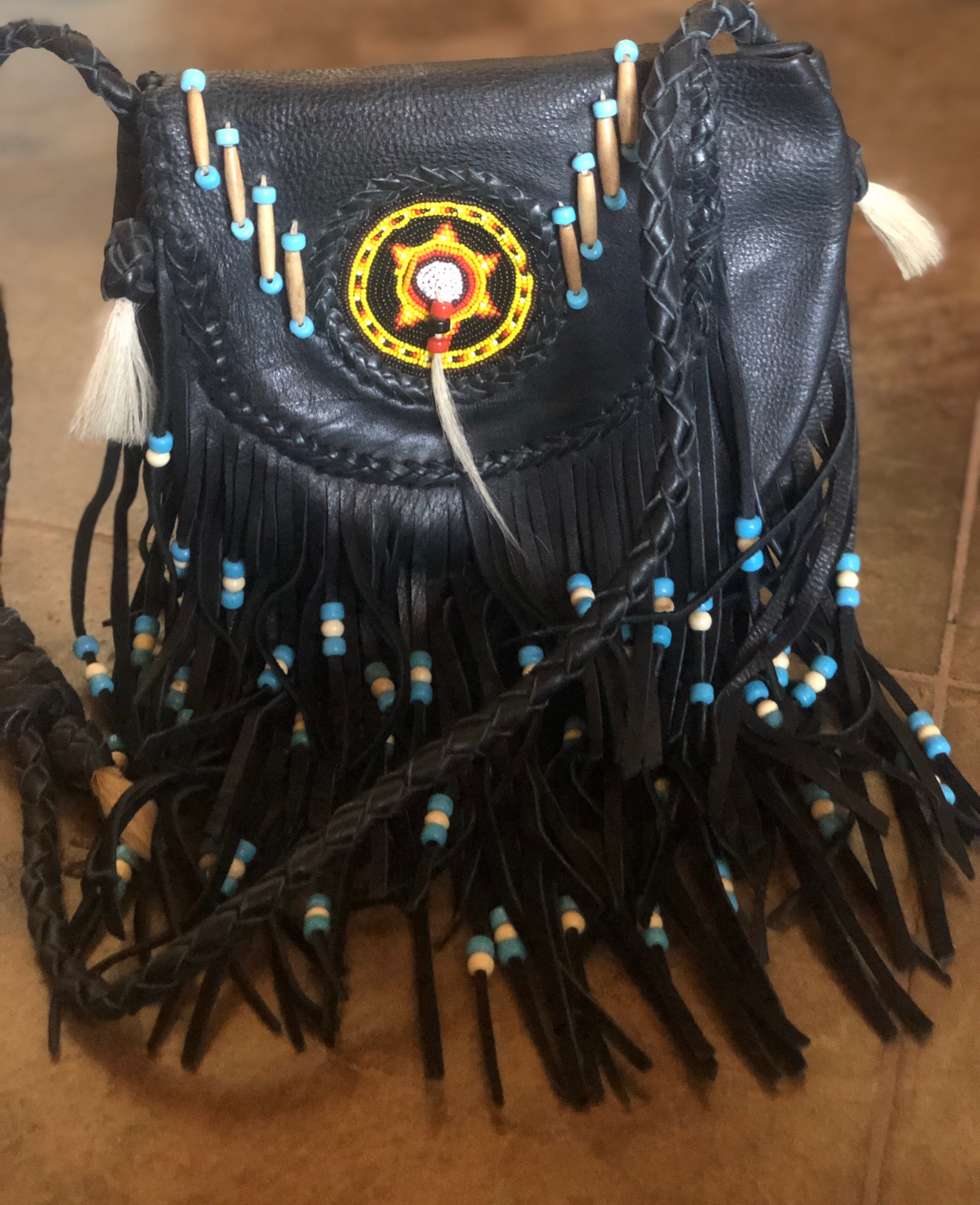 Handmade Native American style black leather crossbody. Like new.