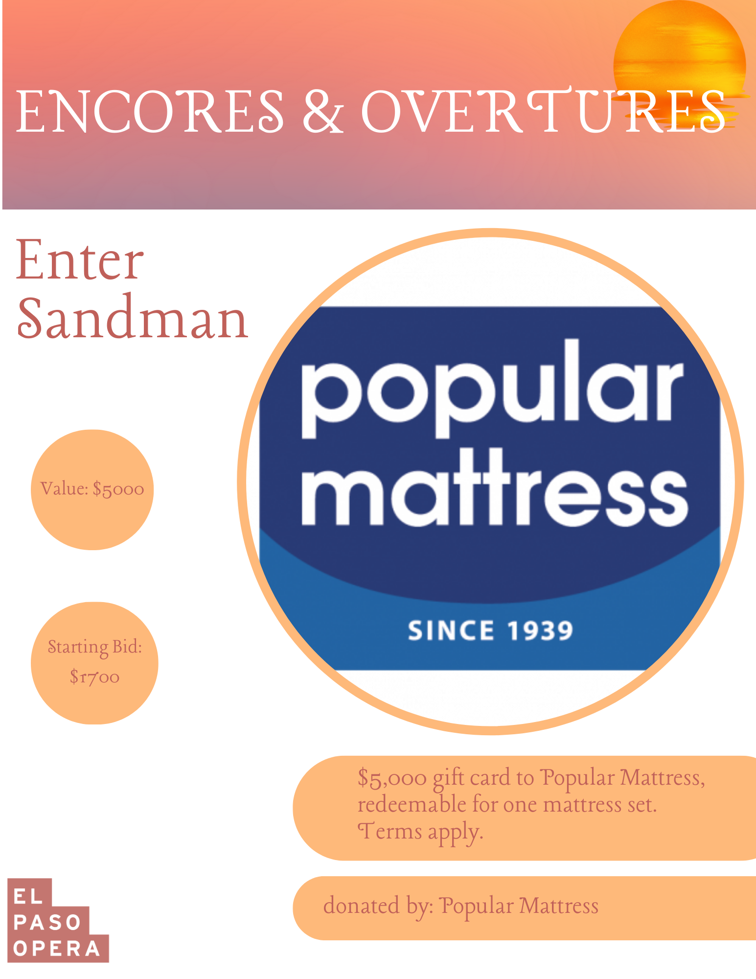 $5,000 gift card to Popular Mattress, redeemable for one mattress set. Terms apply.