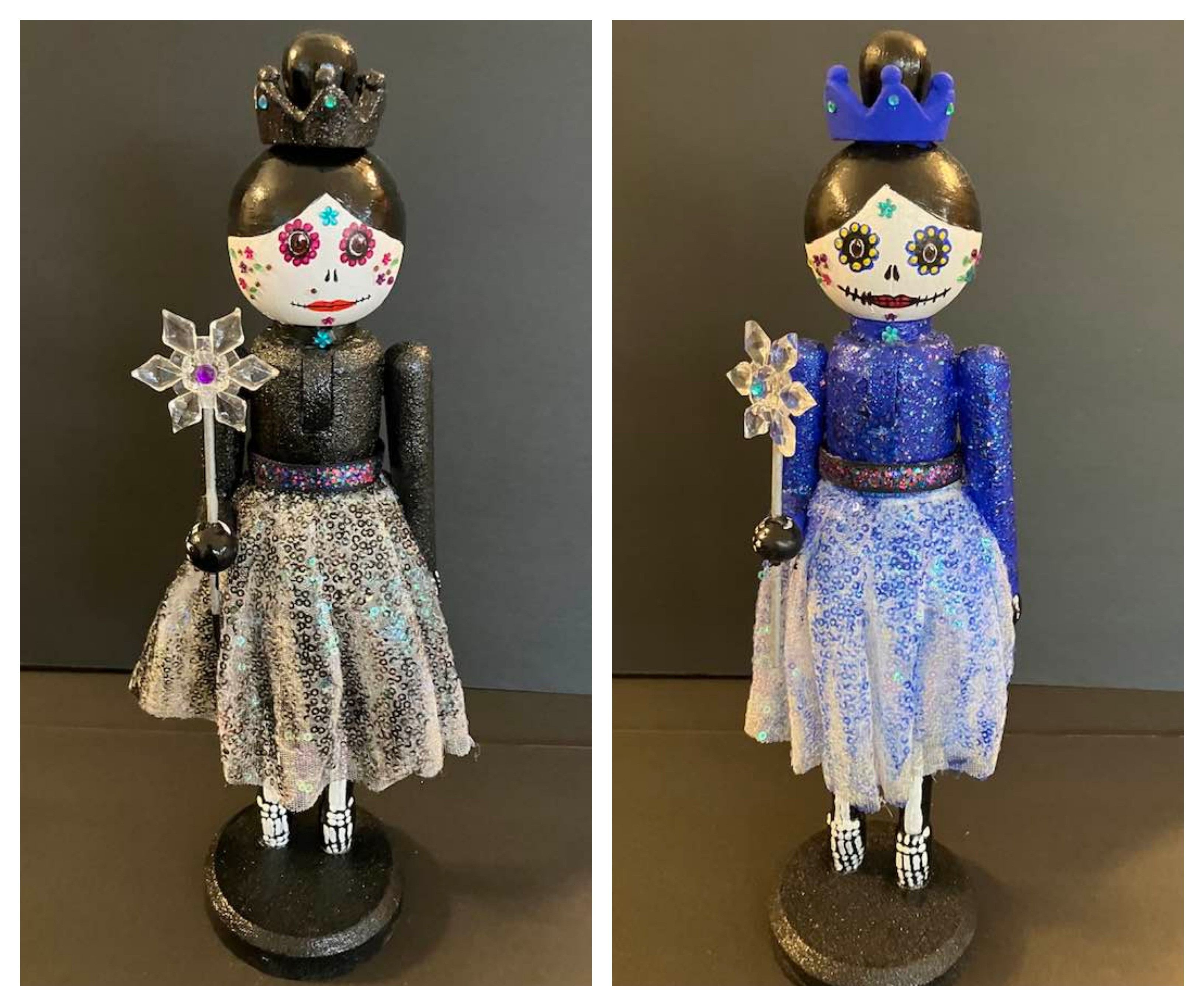 Sugar skull nutcracker fairies made by Nancy Harvey