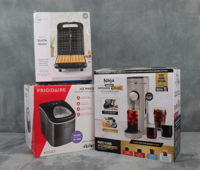 Waffle Maker can cook four hot waffles quickly with removable plates.
Ninja Coffee Maker is a compact Ninja coffee maker that brews hot and cold drinks in seven sizes using grounds or pods.
Ice Maker is a quiet stainless steel ice maker produces up to 26 pounds of ice fast and saves counter space.