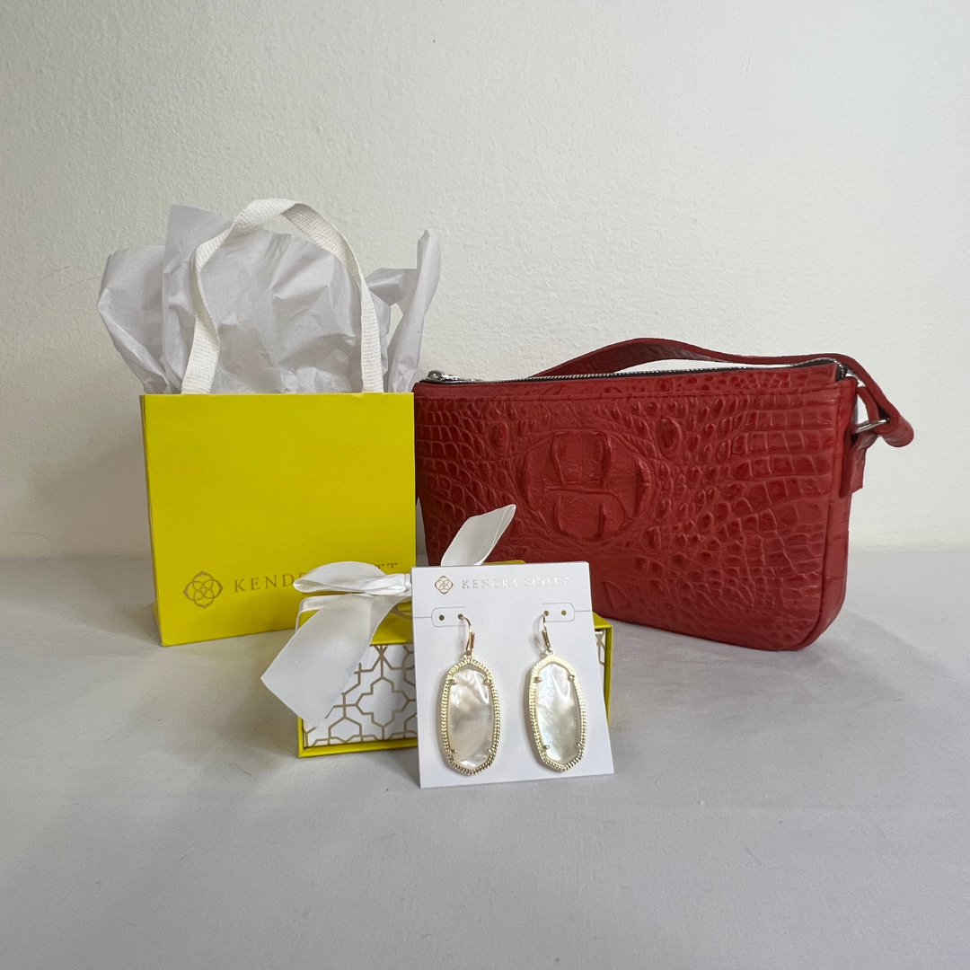 Lipstick Red Baguette purse by 14th Rose & Kendra Scott Elle drop gold earrings