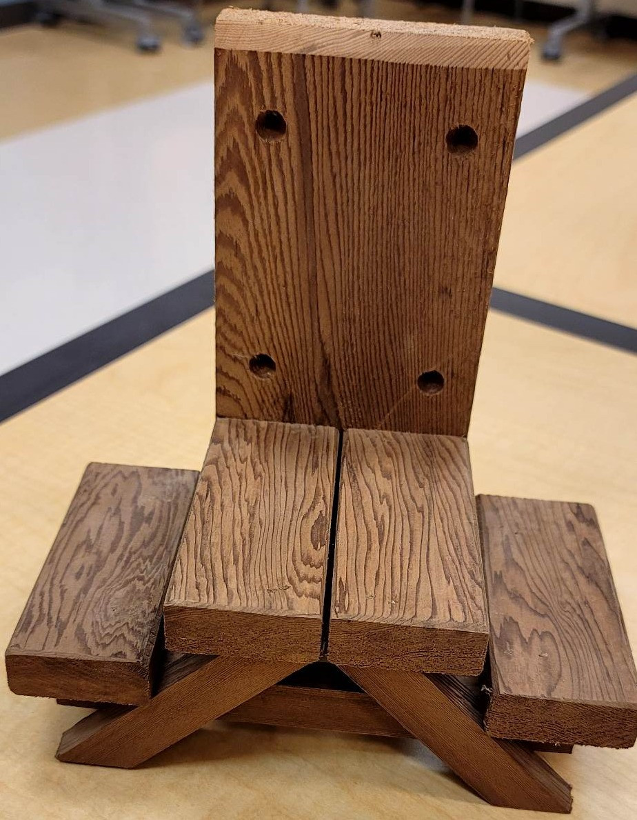 Handmade wooden picnic table for squirrels by artist Jacob Mascitto: jacob.mascitto@gmail.com. Drilled for mounting to fence, wall, pillar or tree. | View more images of this item at: https://drive.google.com/drive/folders/10i1BNf4hzAhGCrNw2KjnboZhFXzYDez9?usp=share_link