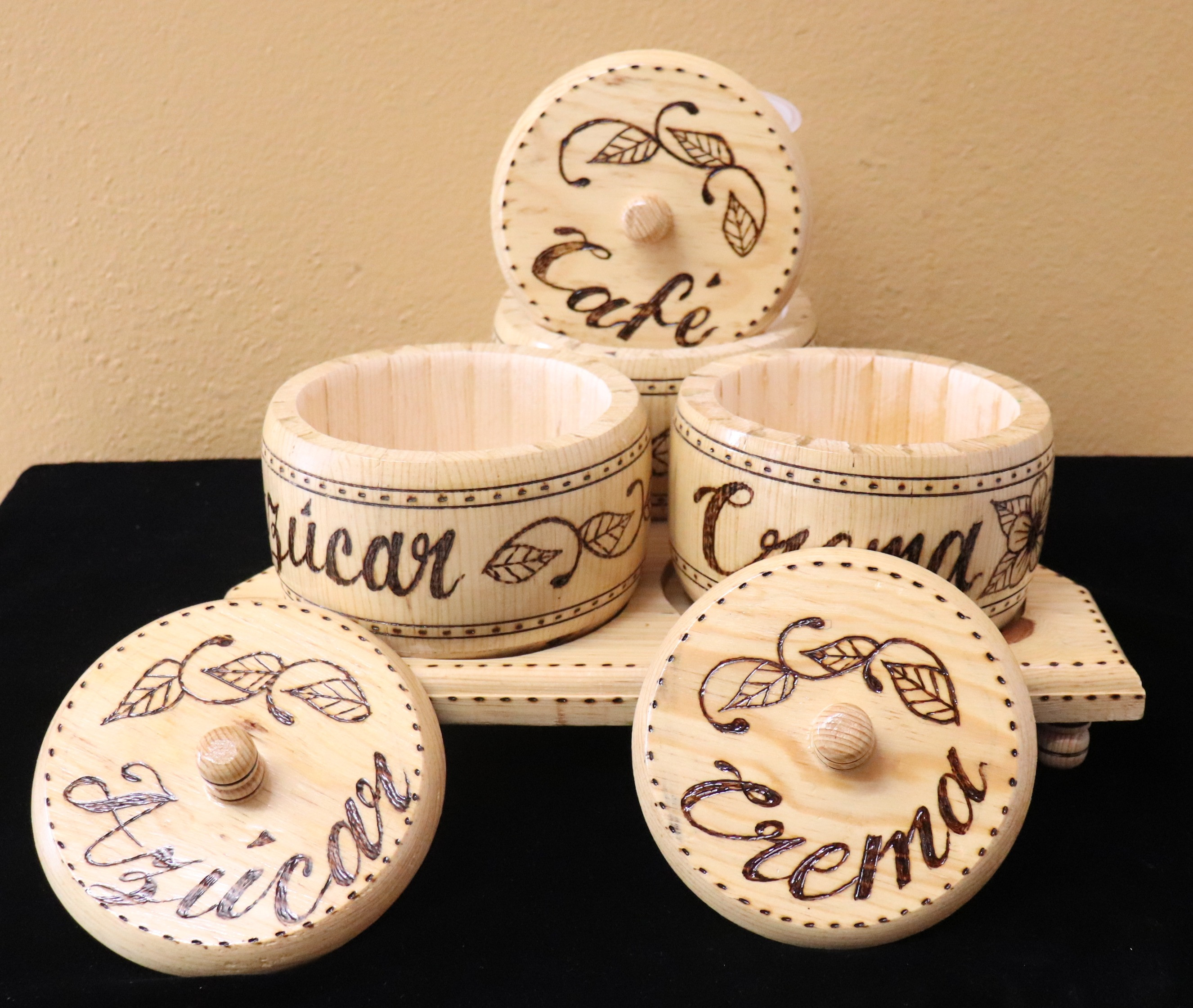 Hand Made Pyrographic Creamer, Sugar,  and Coffee canisters with Tray  handcrafted by the prisoners in the Cereso state prison in Juarez.