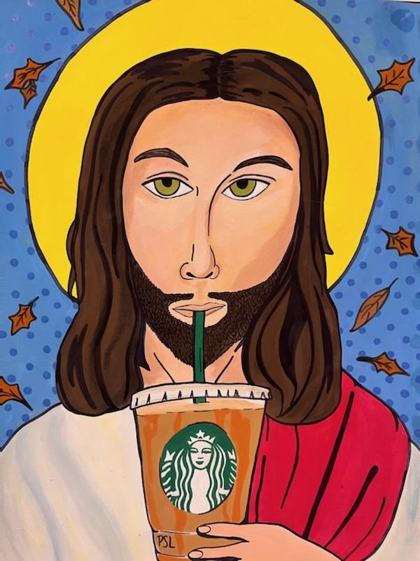 Jesus drinking Starbucks Print