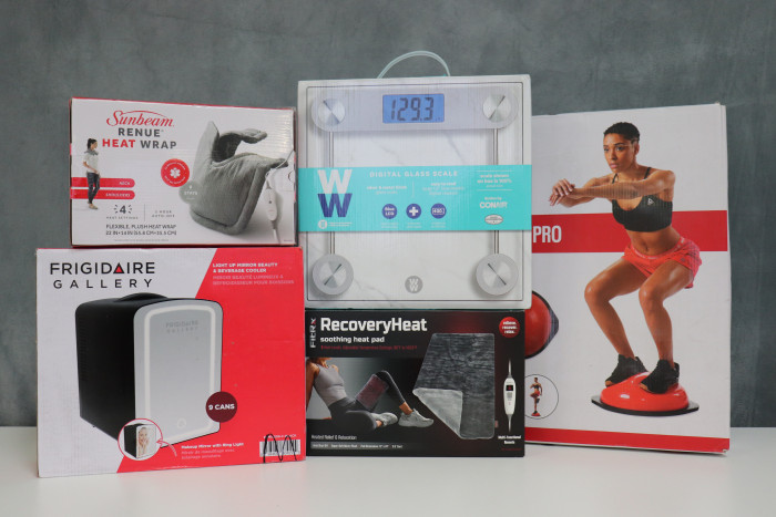 Sunbeam Heat Wrap, Thermal Heat Pad, Reebok Balance Trainer, WW Digital Scale, and Frigidaire Mini Cooler