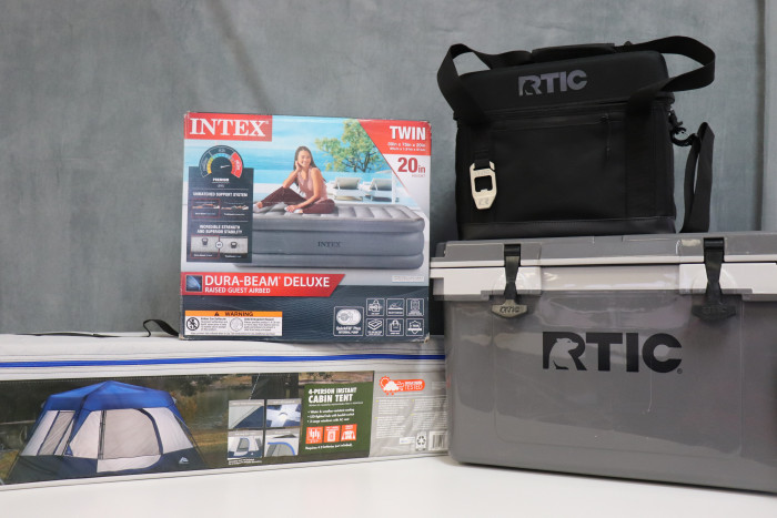RTIC Cooler, Artic Soft Cooler, Twin Airbed, and 4 Person Tent