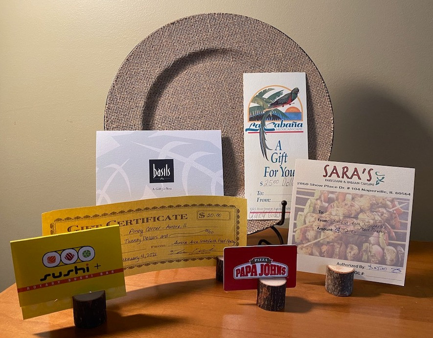 Enjoy Greek, Pakistani, Mexican, and more with 6 gift cards for: Basil's Greek Dining $30, Sara's Pakistani & Indian Cuisine $20, LaCabana $25, Sushi + $20, Papa John's $20 and Piroy Corner $20.