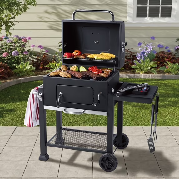 Grill up to 20 burgers at once and easily control your heat with this sturdy, portable charcoal grill featuring a crank-adjustable pan, a built-in bottle opener, and convenient foldable storage shelves.