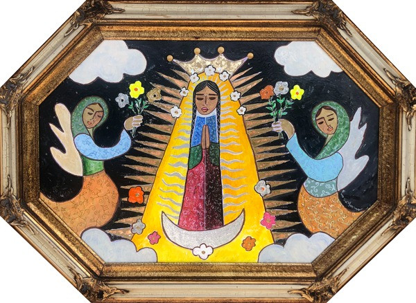 Mixed Media on Wood | 32" x 44" Framed Size | “I painted the Niña Cosmica last year. I wanted to celebrate the cosmic life of a young girl or teenager or somebody like a young Guadalupe, and I wanted angels to be praying to her to grow up and be an inspiration to the world…So, this is my tribute to women, and the mystical qualities that can be invoked through Art..  This painting never left my studio until I was searching for something I could donate to Las Americas; a good contribution to one of the best organizations I’ve ever known…one that helps humanity where it’s needed the most.”   - Hal Marcus, 2016 Las Americas Border Hero Award Recipient