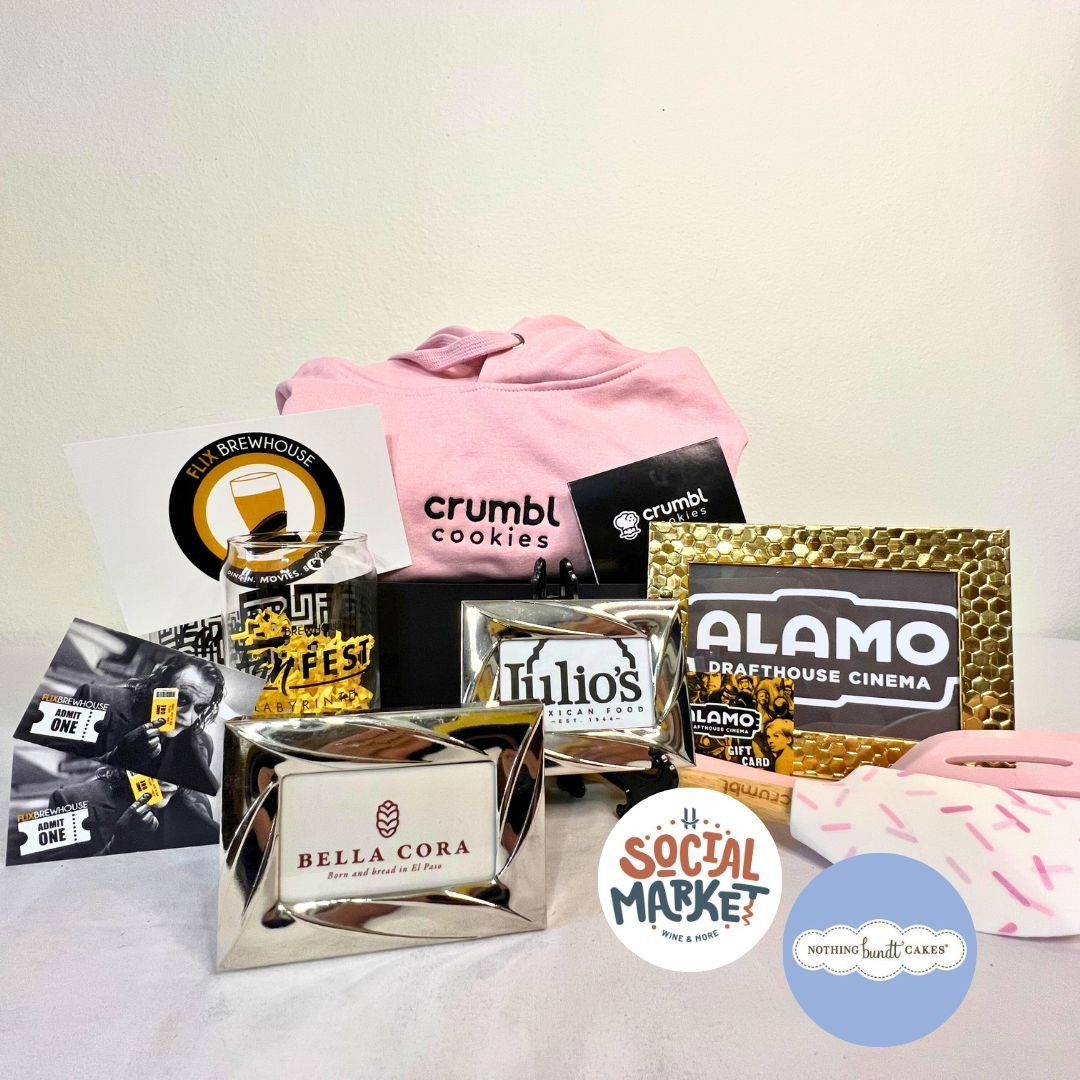 Flix Brewhouse Date Night Kit (2 Beer Glasses, 2 movie tickets, voucher for appetizer); $25 Crumble Cookies gift card plus merch ; $50 Julio's, $35 Bella Cora, $25  Alamo Drafthouse, 2-$20 Social Market and One 8" Bundt Cake