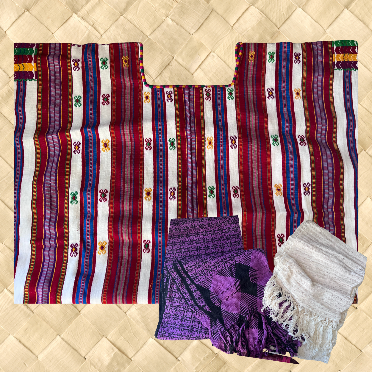 The huipil is woven on a backstrap loom by a women’s collective near Cancún. The rebozo is from Morelia. The scarf is from Mitla, Oaxaca.