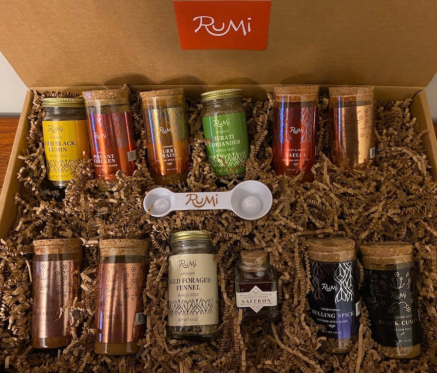 12 flavorful spices from Afghanistan.   RUMI supports the Afghan farmers who grow and harvest their spices.Spices include saffron, chili, curry, fennel, cumin, coriander and more.