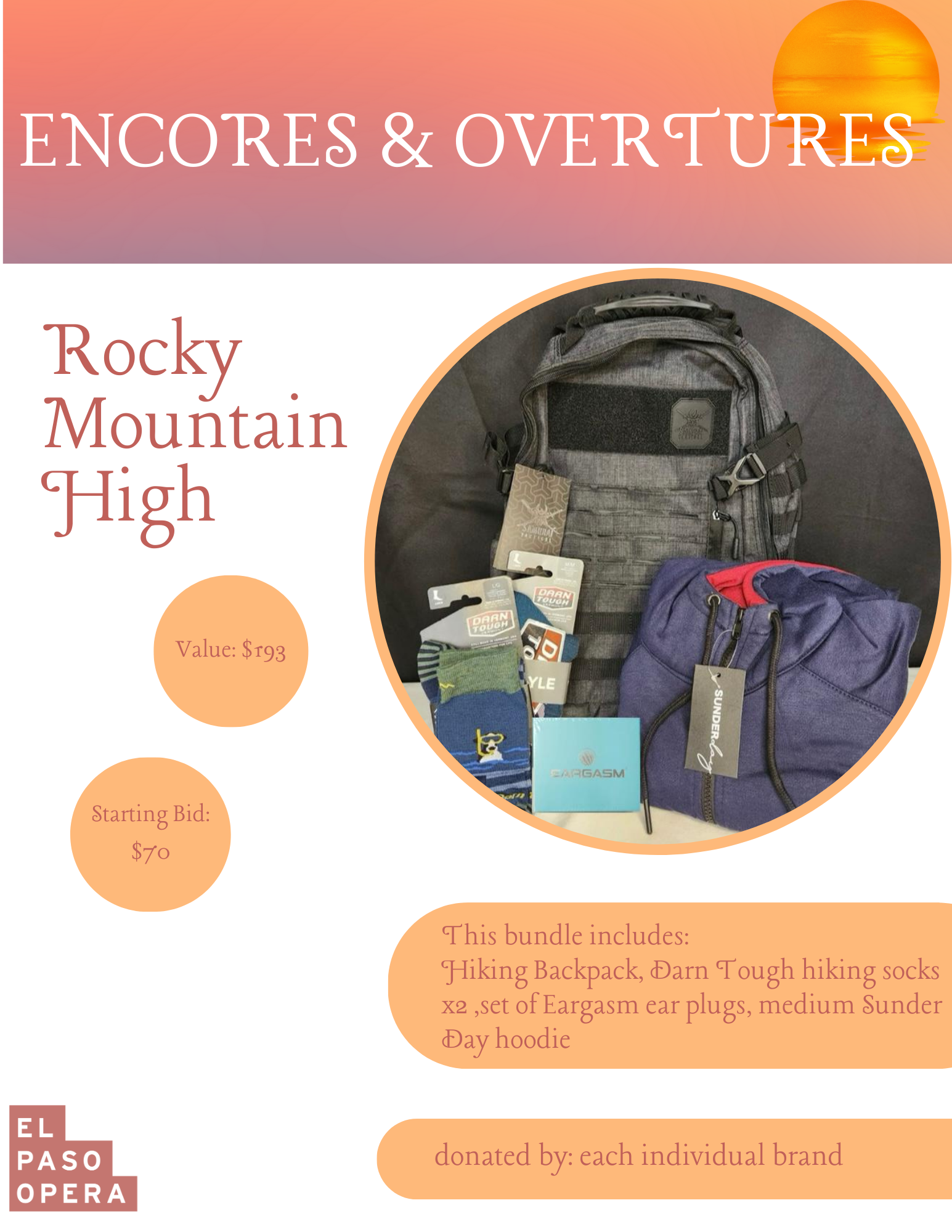 Hiking Backpack, Darn Tough hiking socks x2 , set of Eargasm ear plugs, Sunder Day medium hoodie