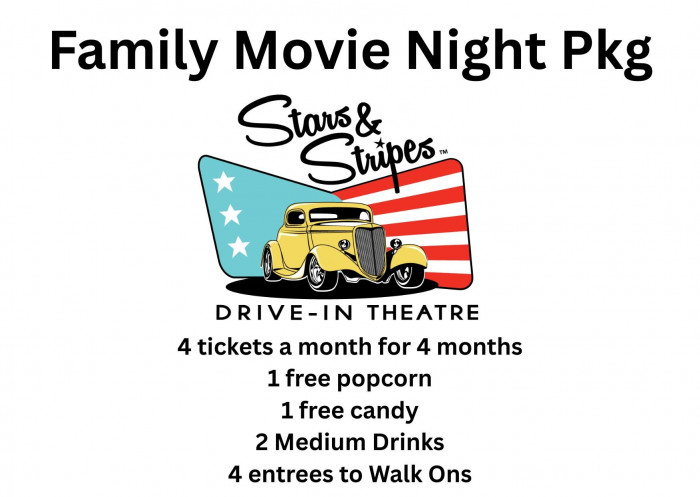 4 tickets a month for 4 months, 1 free popcorn, 1 free candy, 2 medium drinks ad 4 entrees to Walk Ons.