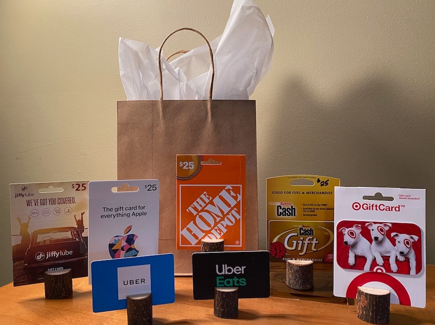 7 essential gift cards to keep you and all your stuff in good condition...Speedway $25, Uber $25, Uber Eats $25, Apple $25, Home Depot $25, Target $25, and Jiffy Lube $25.