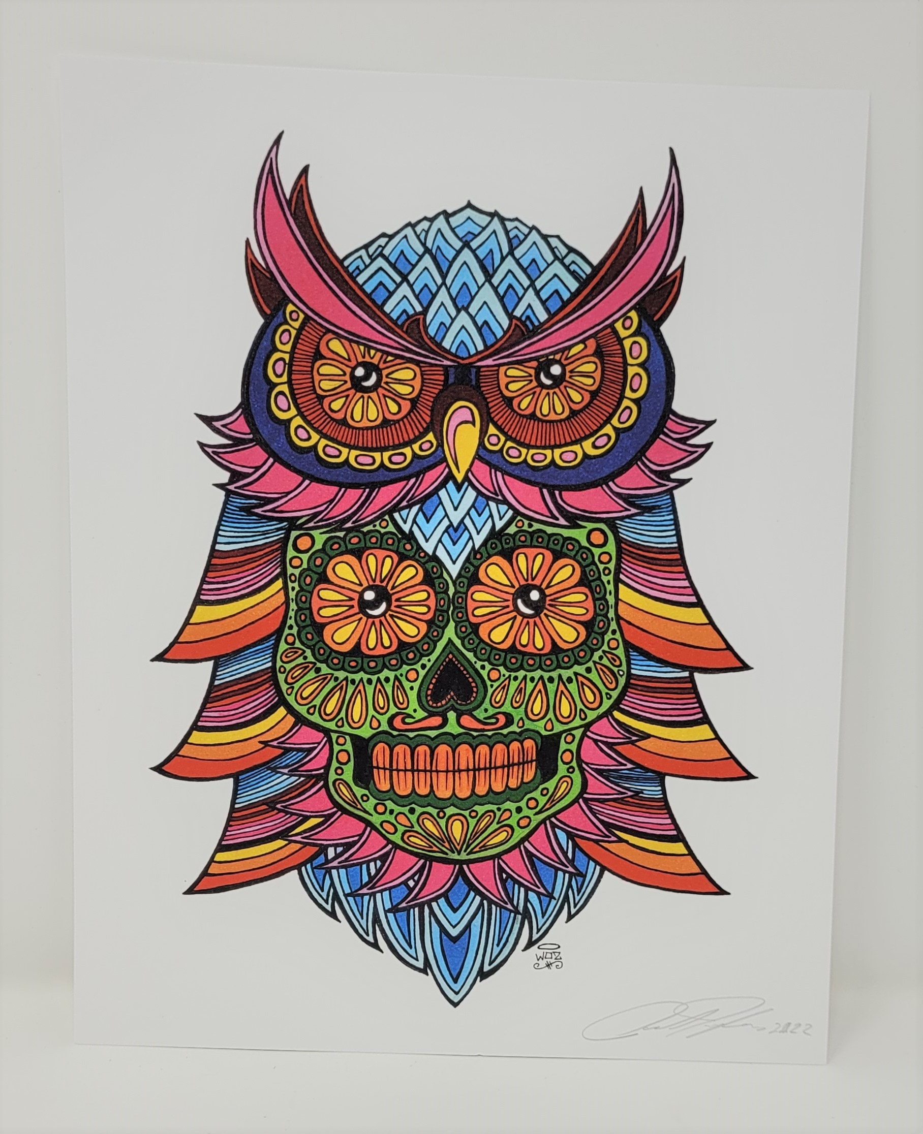 Colorful print of skull and owl head