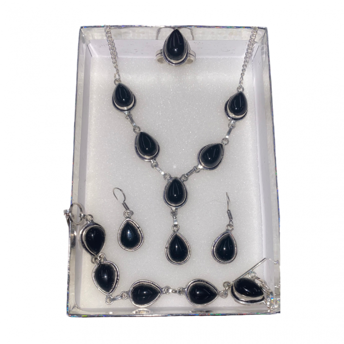 Onix & Silver bracelet, earrings, and necklace, and ring