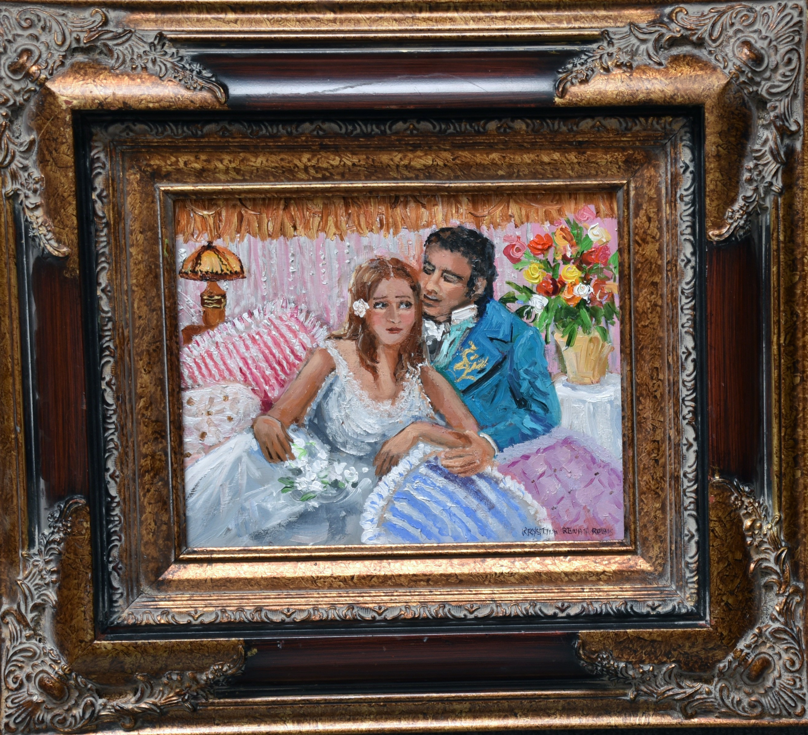 Framed original artwork by Krystyna Robbins inspired by Violeta and Alfredo of "La Traviata", a portion of the proceeds of this sale will support the Soldier Art Workshops nonprofit